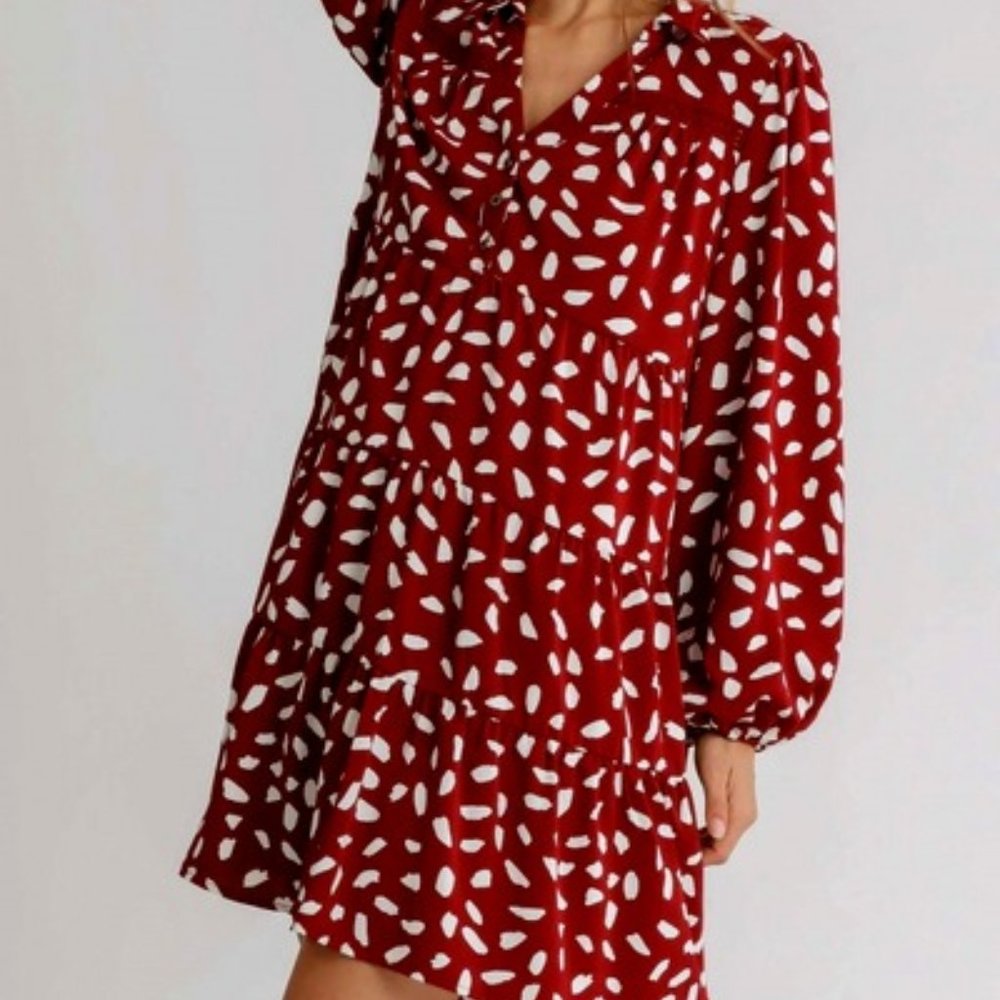 Animal Print Collar Button Front Long Sleeve Tiered Dress with Crochet Detail